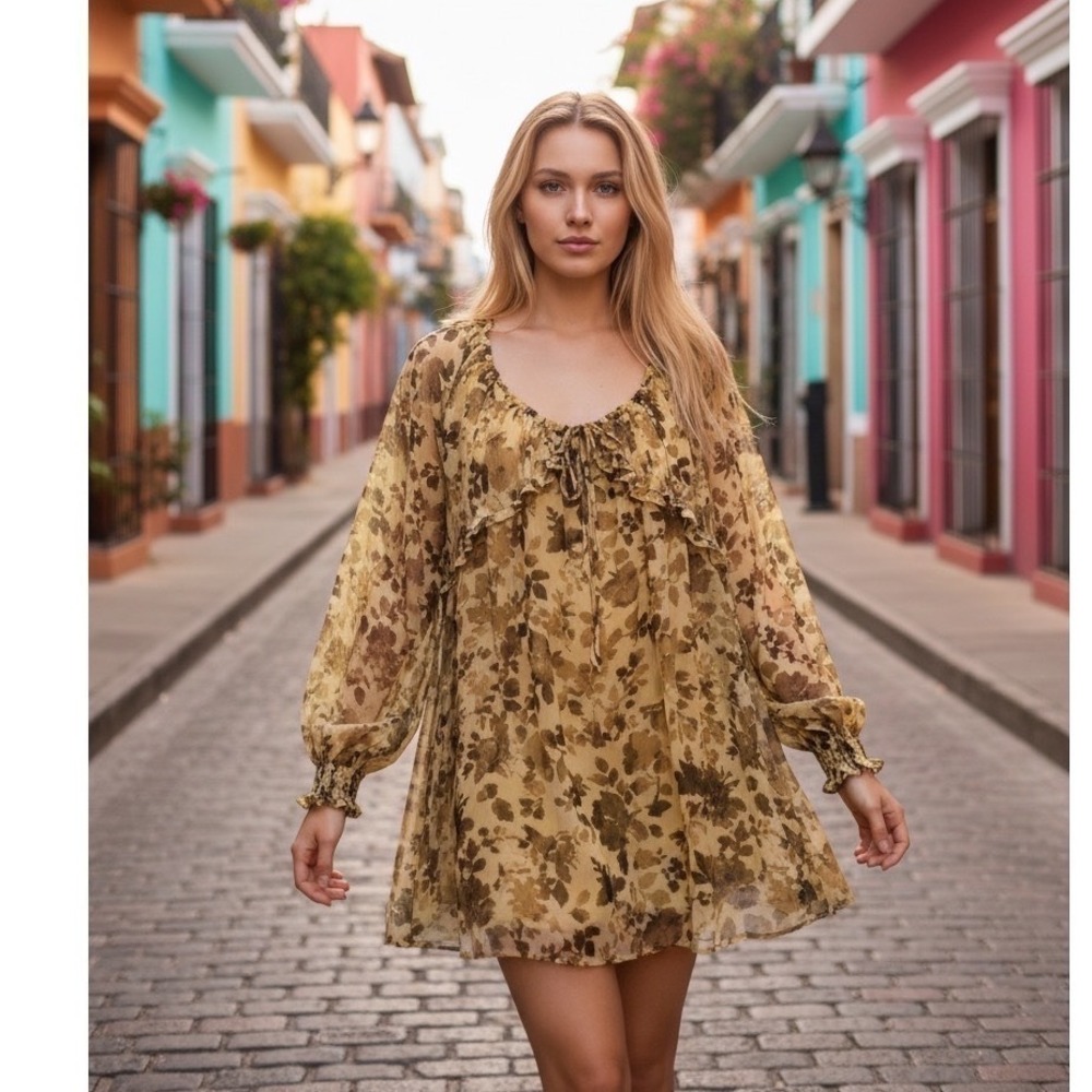 Topshop Bohemian Floral Chiffon Mini Dress Yellow Long Sleeve Ruffle Boho NWT 6‎